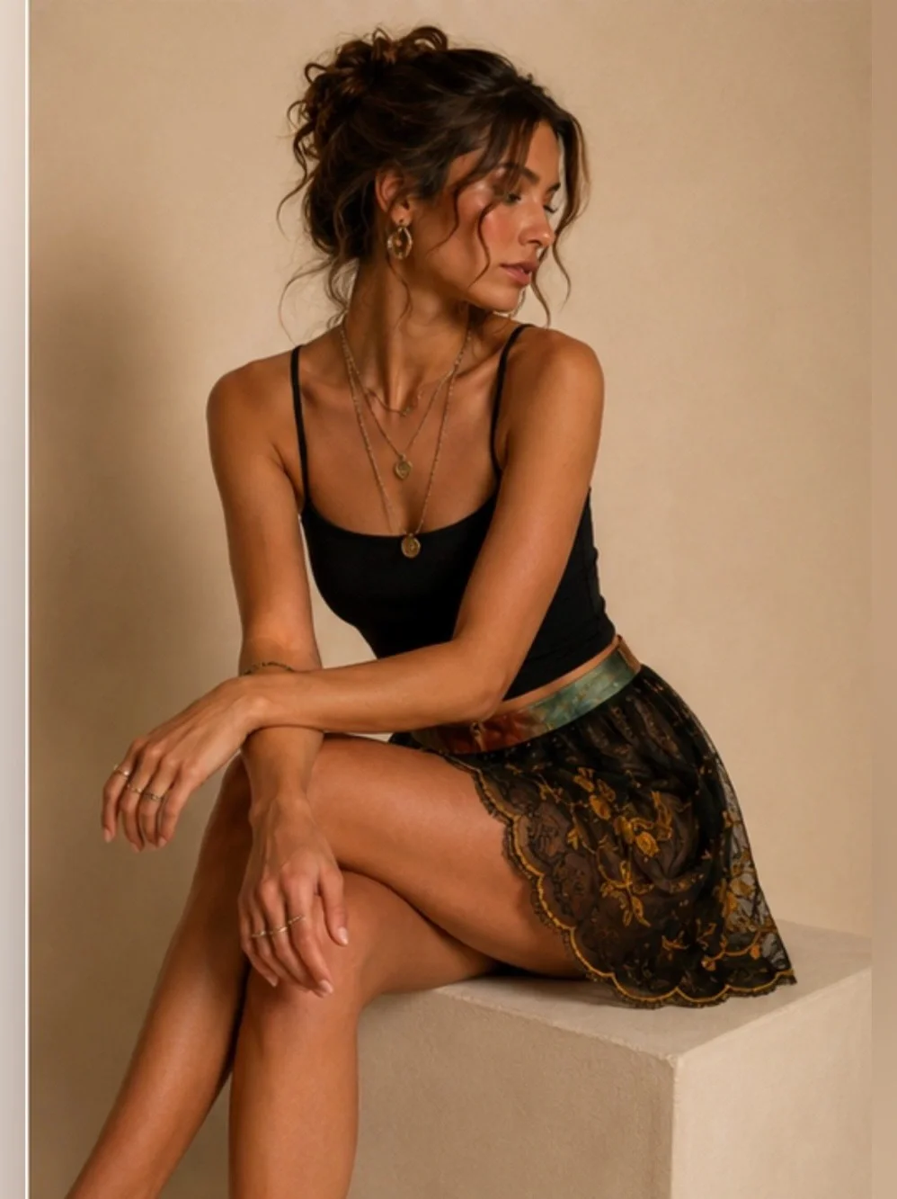 Free People Gold Floral Layered Embroidered Mesh Skirt Boho Whimsigoth Fairycore